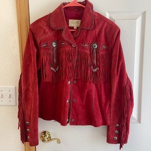 Red Scully fringe leather jacket. Fits to size